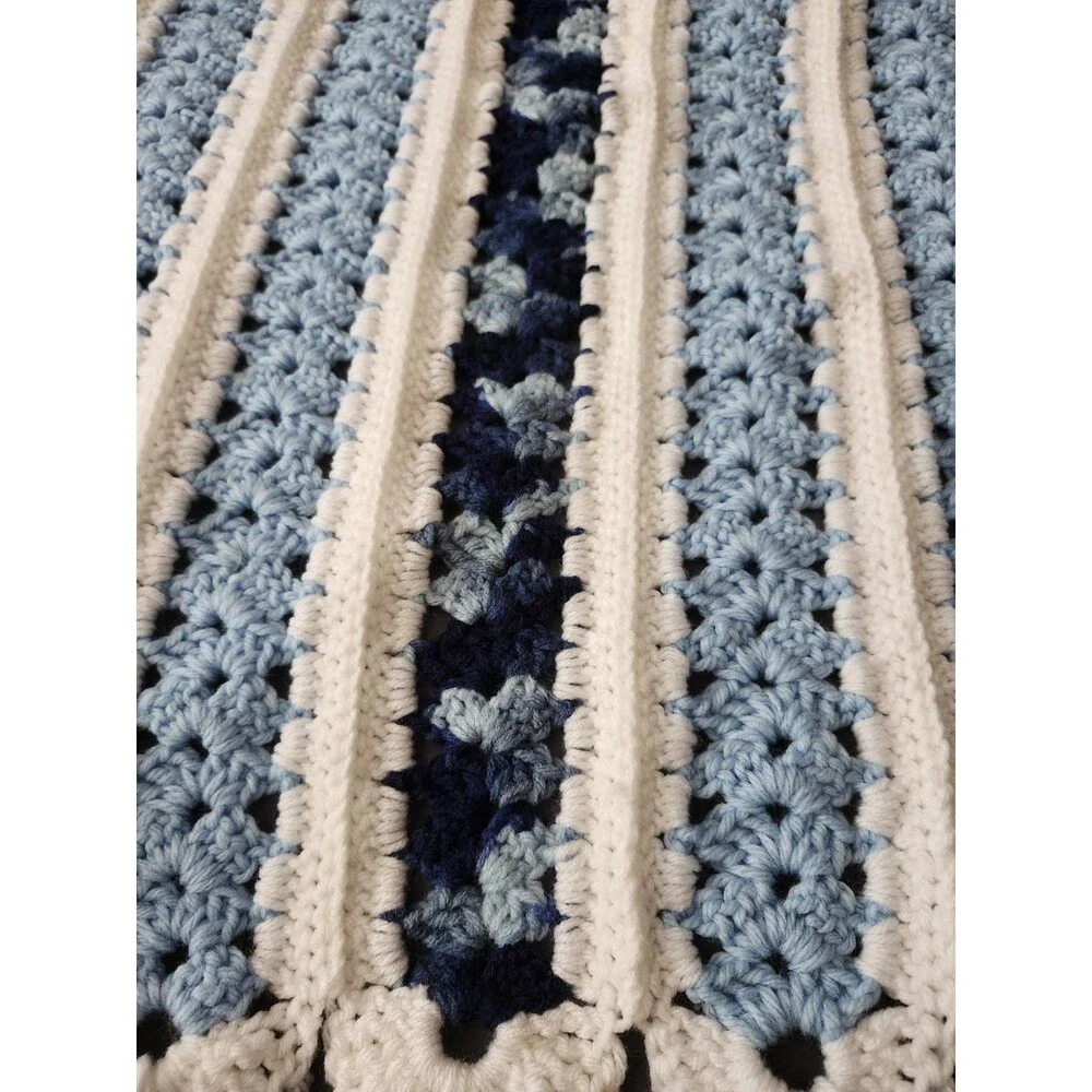 Vintage Handmade Crochet Afghan In Shades of Blue with White Edging 36x60